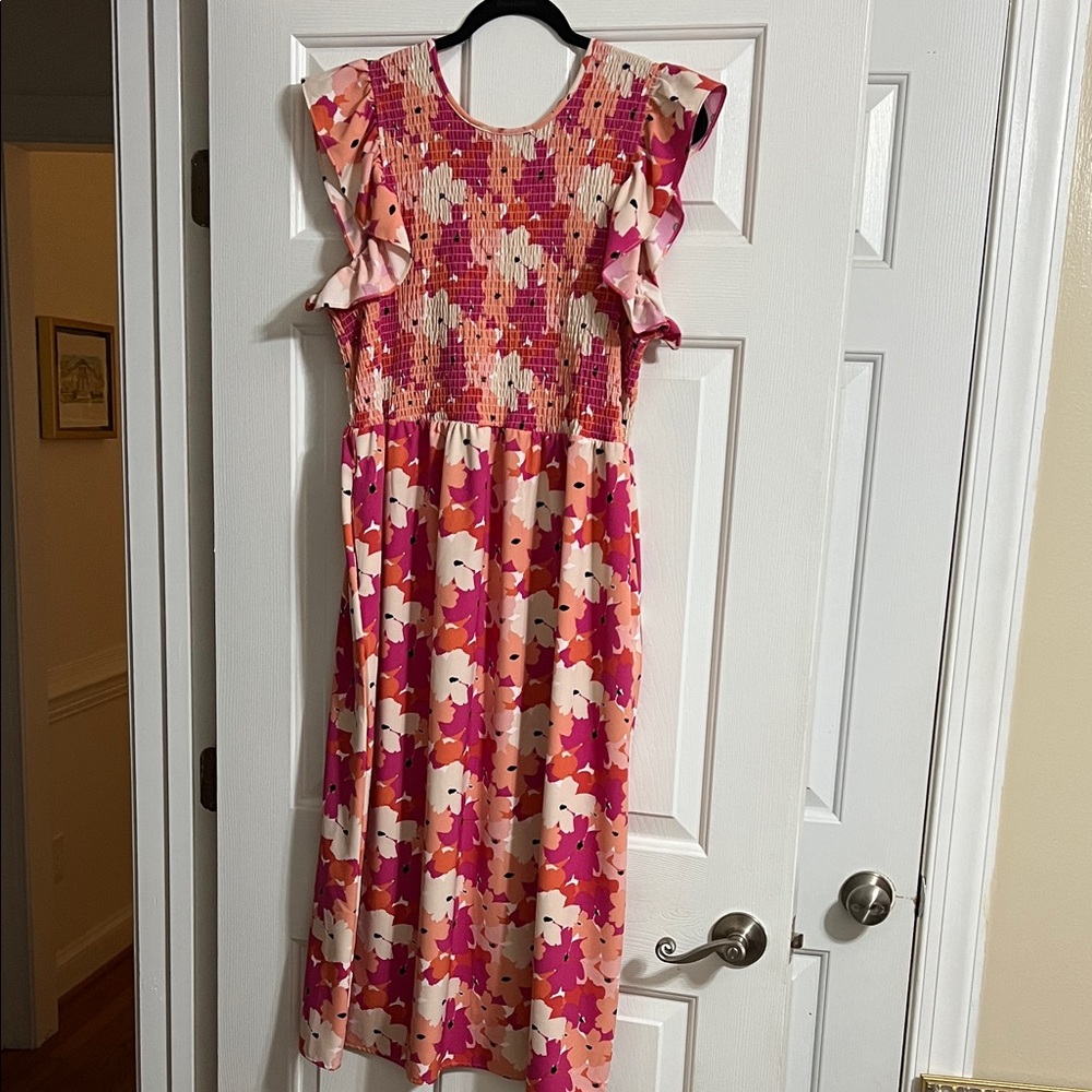 Michelle McDowell Floral Tie Back Ruffle Midi Dress with Pockets Size XL
